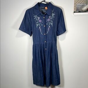 Blue Midi Jeans Denim Dress with Notched Collar and Smocked Waist